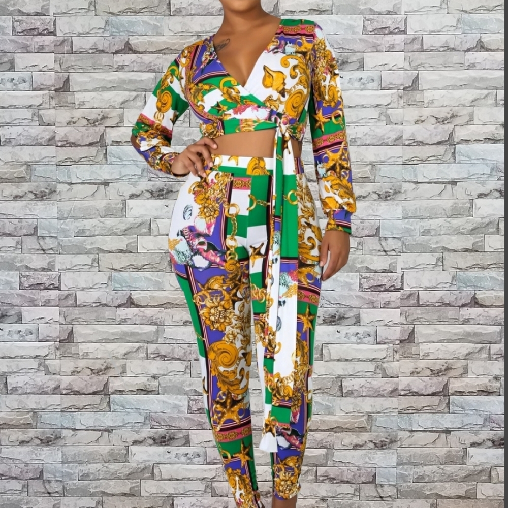 Multi Print Cropped Top & Pants Set